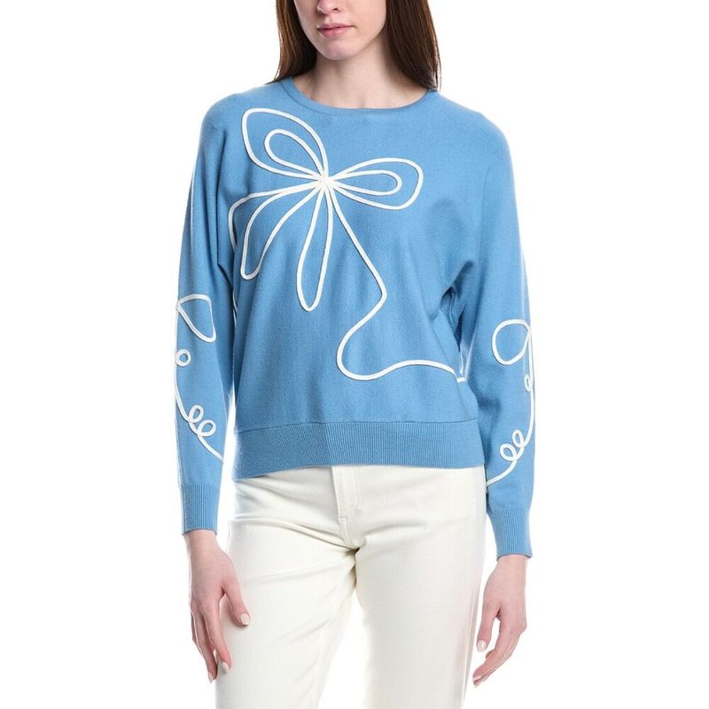 T Tahari Womens Jersey Flower Embroidered Top, Blue